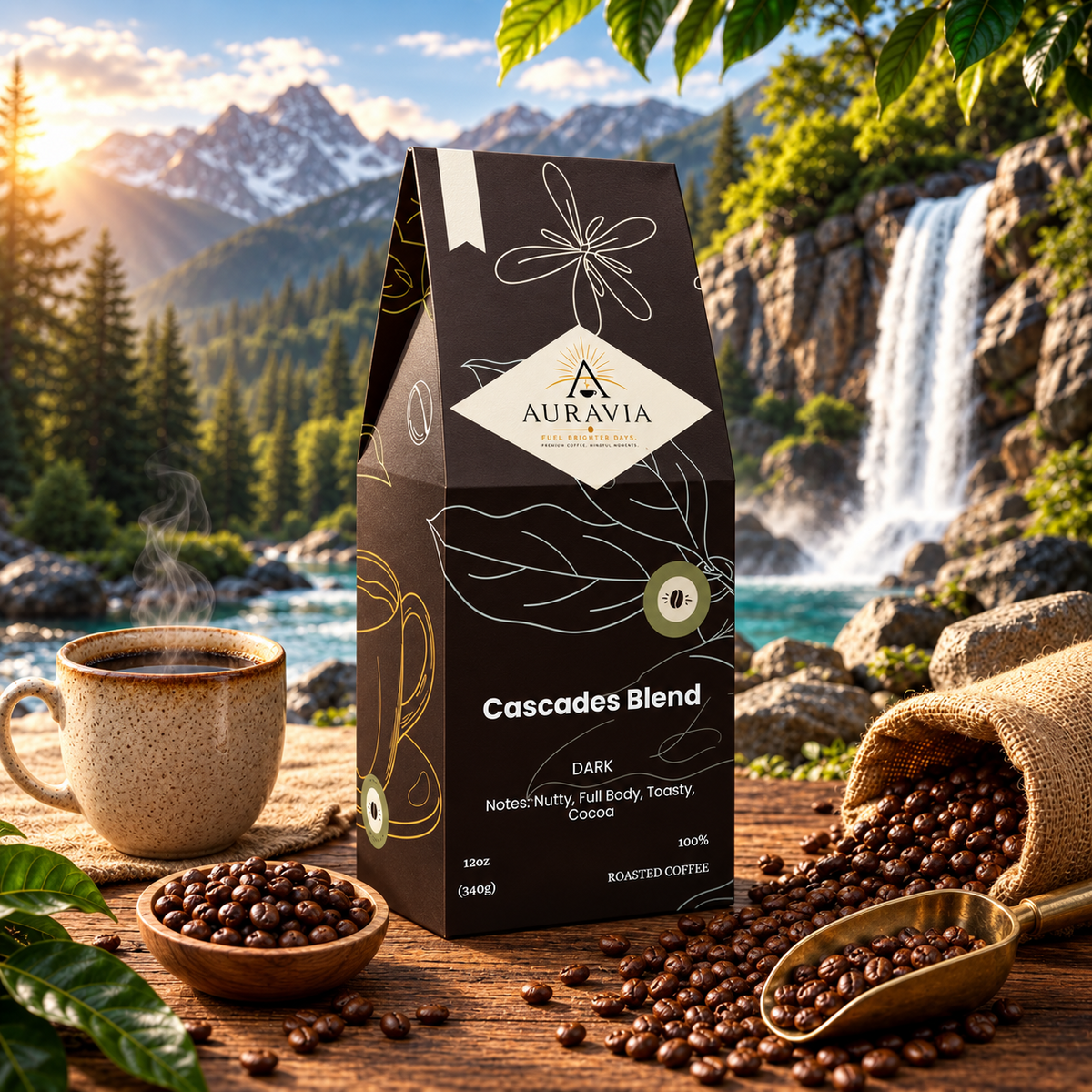 Auravia Cascades coffee box with waterfall and coffee beans