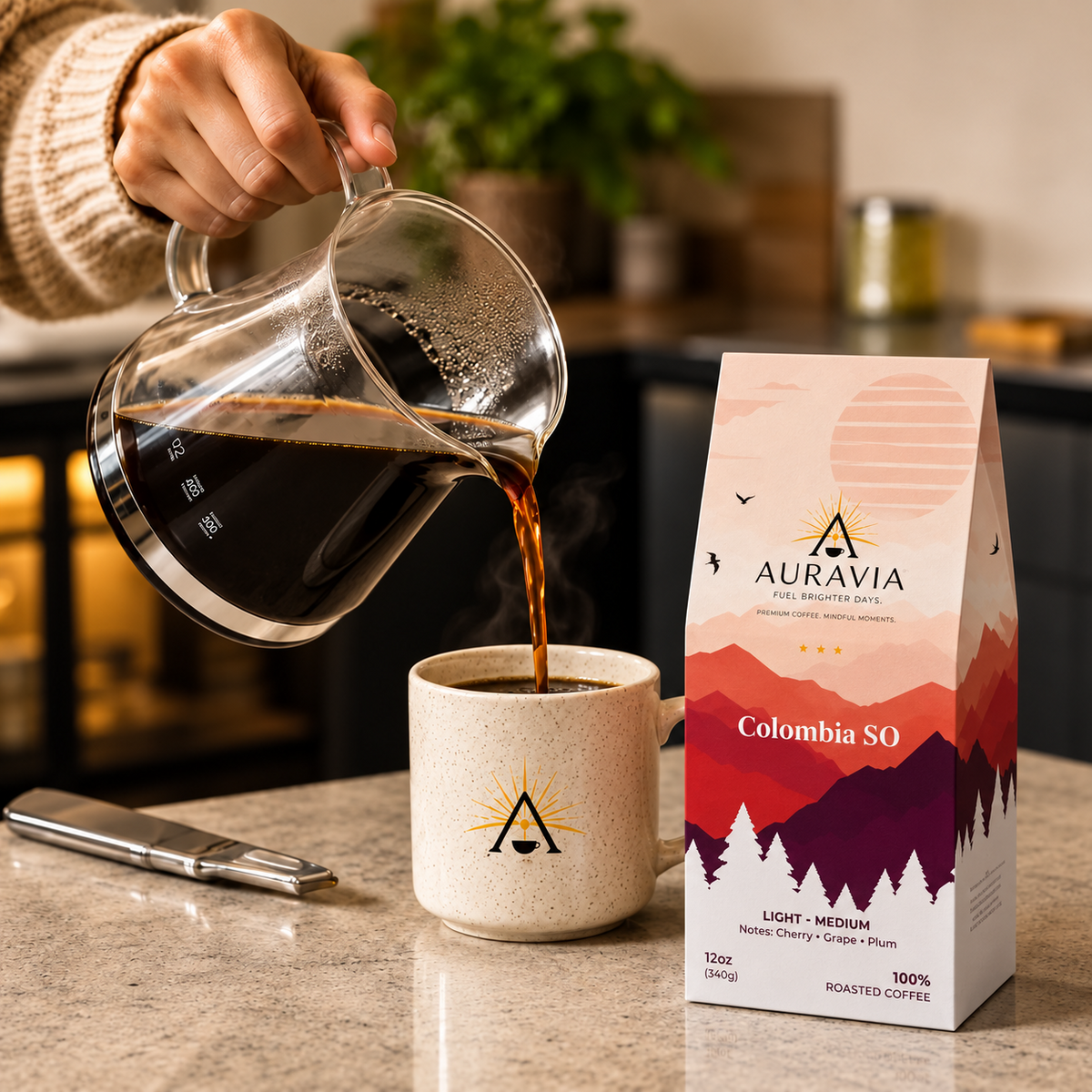Auravia Colombia Single Origin coffee beside a freshly poured cup