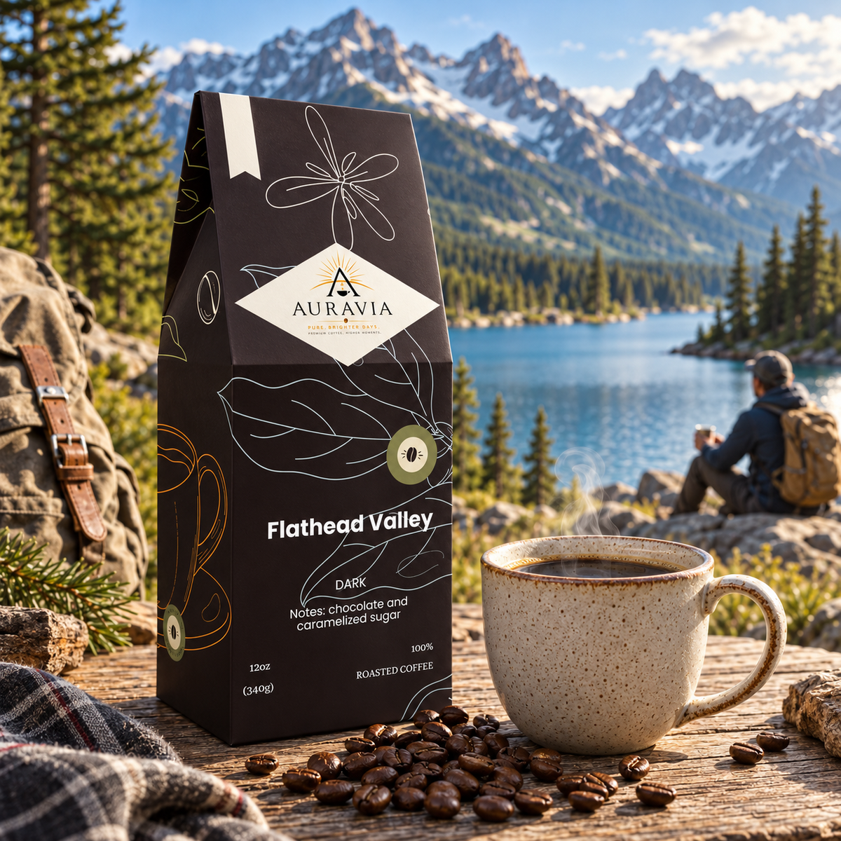 Auravia Flathead Valley Dark Roast mountain coffee lifestyle