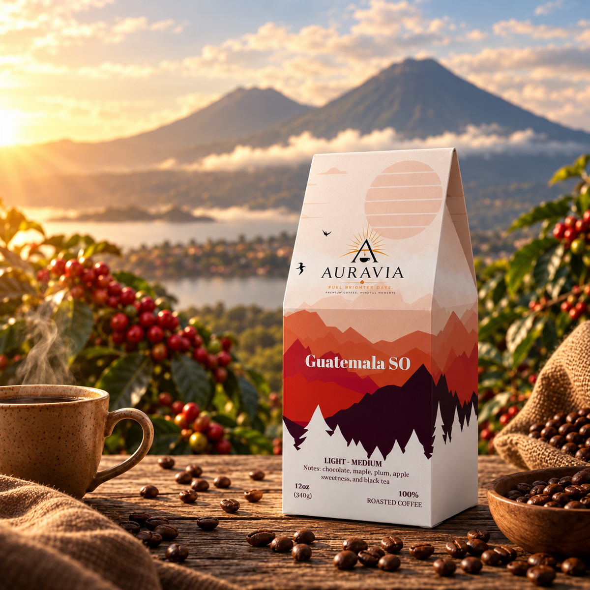 Auravia Guatemala Single Origin coffee with highland landscape