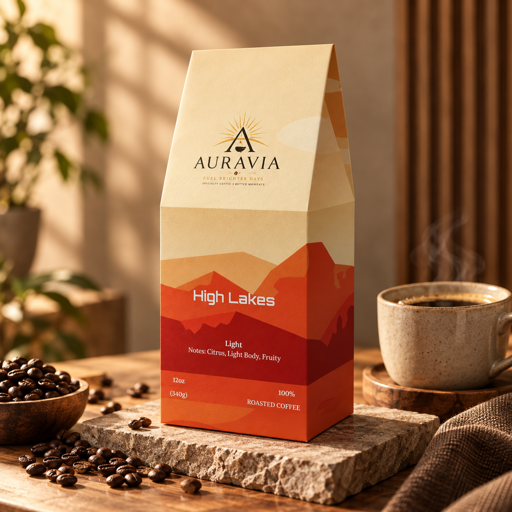 Auravia High Lakes Light Roast premium coffee still life
