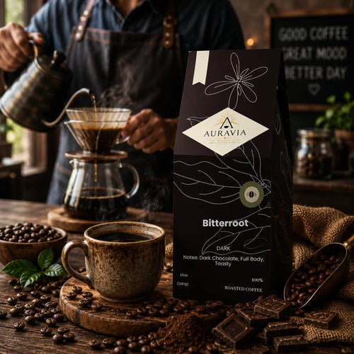 Auravia Bitterroot Dark Roast coffee with barista pour-over