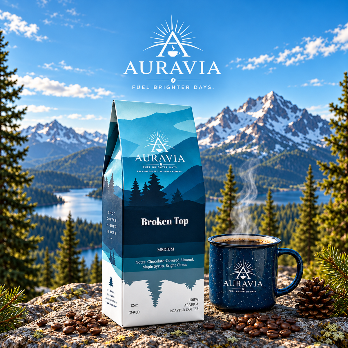 Auravia Broken Top coffee box and mug in a mountain setting