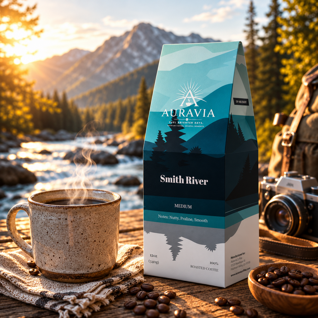 Auravia Smith River coffee with mug outdoors at sunrise
