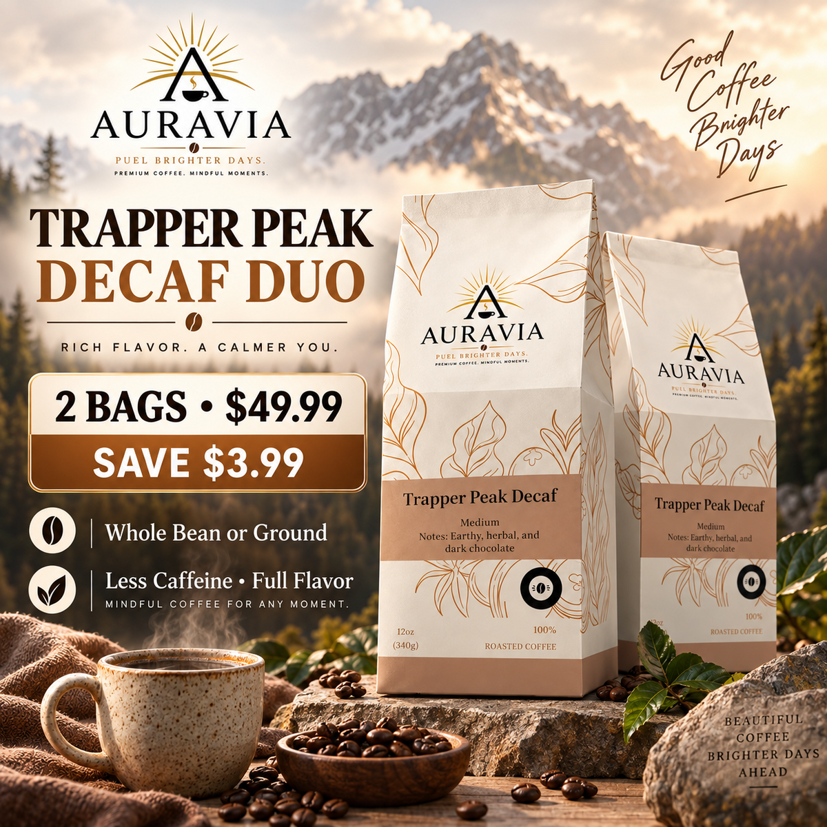 Auravia Trapper Peak Decaf Duo mountain lifestyle